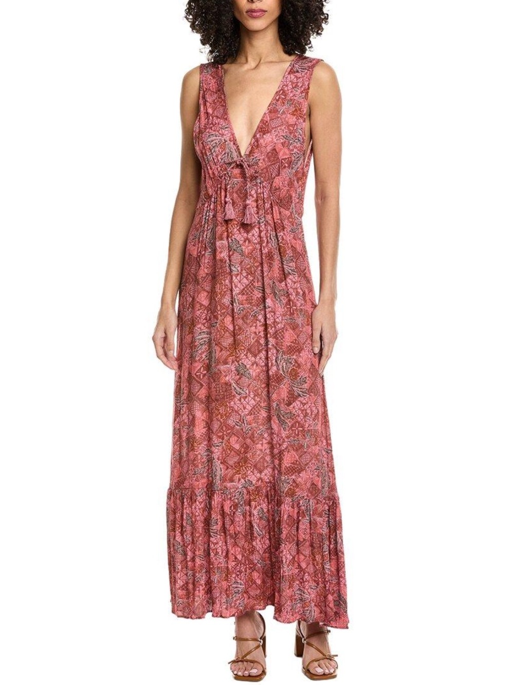 Faherty Rust Coral Printed Tiered Maxi Skirt